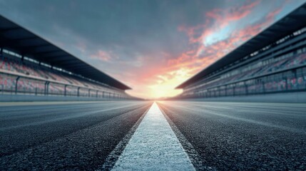 An empty racing track stretches toward the sunset, flanked by grandstands, creating a sense of speed and anticipation.