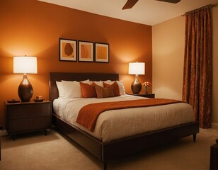 A cozy bedroom featuring warm tones with a brown bed and orange accents, perfect for relaxation.