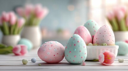 A charming Easter still life showcases pastel-colored eggs with dots, tulips, and decorative elements for the spring holiday.