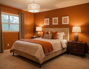 Cozy bedroom with warm orange walls and stylish decor, featuring a comfortable bed and soft lighting.