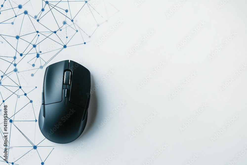 Fototapete wireless mouse on white surface with network pattern background, minimalistic tech design, generativ