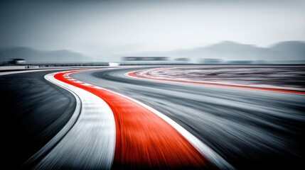 A dynamic shot captures a race track curve, highlighted by vibrant red and white markings. The blurred motion suggests speed and competition.