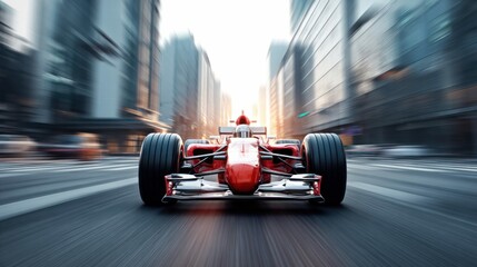 A sleek, red formula one car speeds through a city setting, conveying speed and motion in its blurred background.