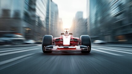 A vibrant formula one car speeds down a city street, showcasing speed and racing in an urban environment. The image captures motion blur and a sense of dynamic movement.