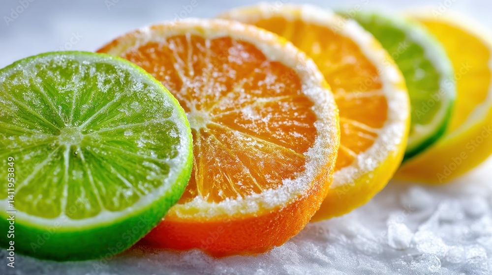 Poster close-up view showcases a refreshing arrangement of citrus fruit slices. the vibrant colors and text