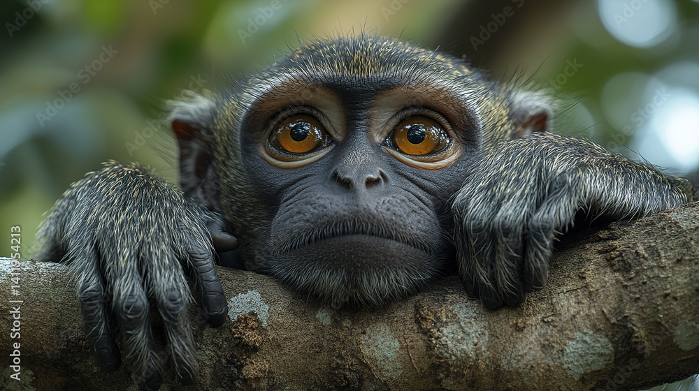 Poster curious monkey resting on tree branch in jungle