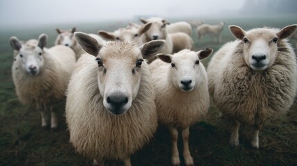 Obraz premium a group of sheep on a pasture stand next to each other and look into the camera