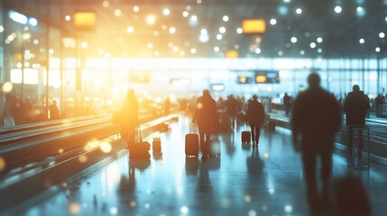 Obraz premium Airport concourse, travelers, moving walkway, blurred