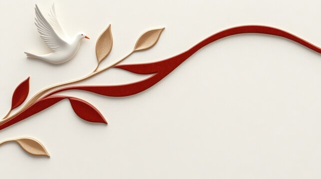 religious art design, contemporary seamless background for pentecost with geometric flame motifs, descending dove silhouettes, and redgold ribbons on white canvas