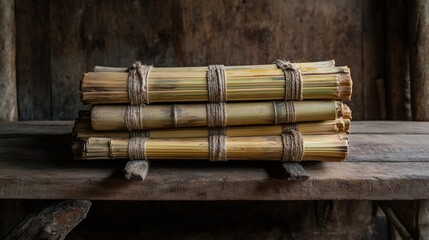 Ancient bamboo manuscripts tied with twine, on a rustic wooden shelf.
