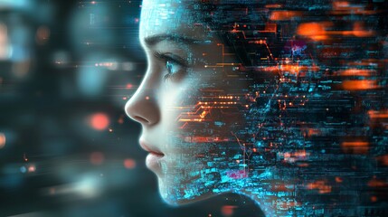 Abstract digital woman face with futuristic technology code data blue glow light lines binary orange