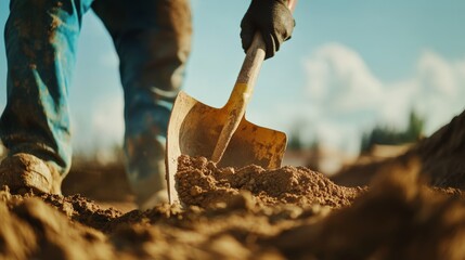 A laborer using a shovel to dig at a construction site. Featuring strength and effort