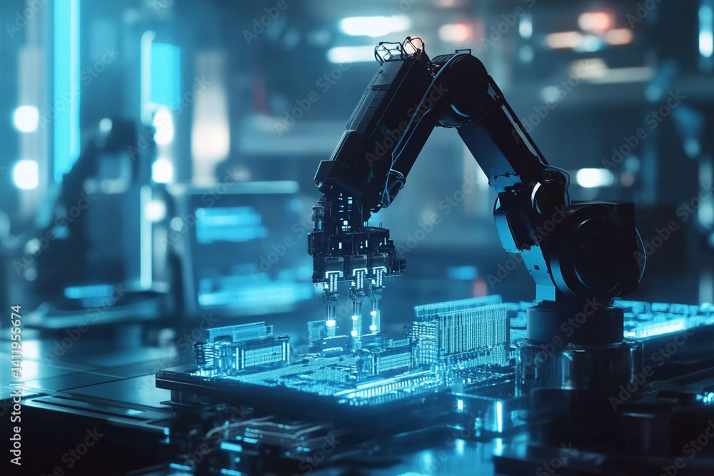 Aufkleber robotic arm assembling circuit board futuristic technology factory automation