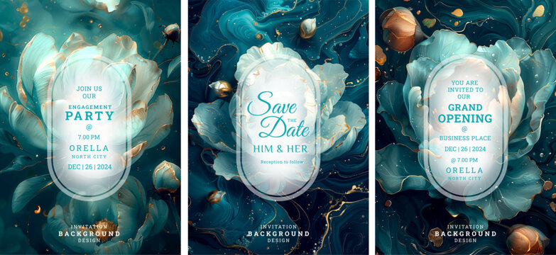 Luxury blue floral wedding invitation template design, Luxury greeting design, save the date design, colorful texture, Hand drawn texture design for invitation