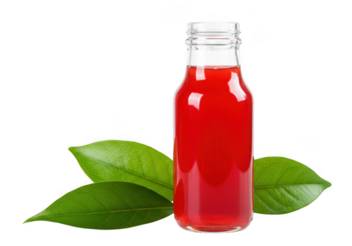 Glass bottle with red liquid and green leaves aside