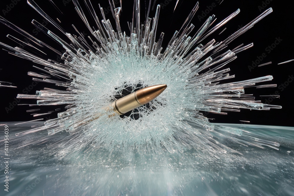 Poster bullet piercing through glass creating an explosive shatter effect
