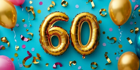 Golden Number 60 Balloons With Confetti on a Blue Background. Celebrating a 60th Birthday.