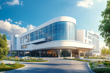 Modern building design sleek architecture sunny day landscaping cars parked