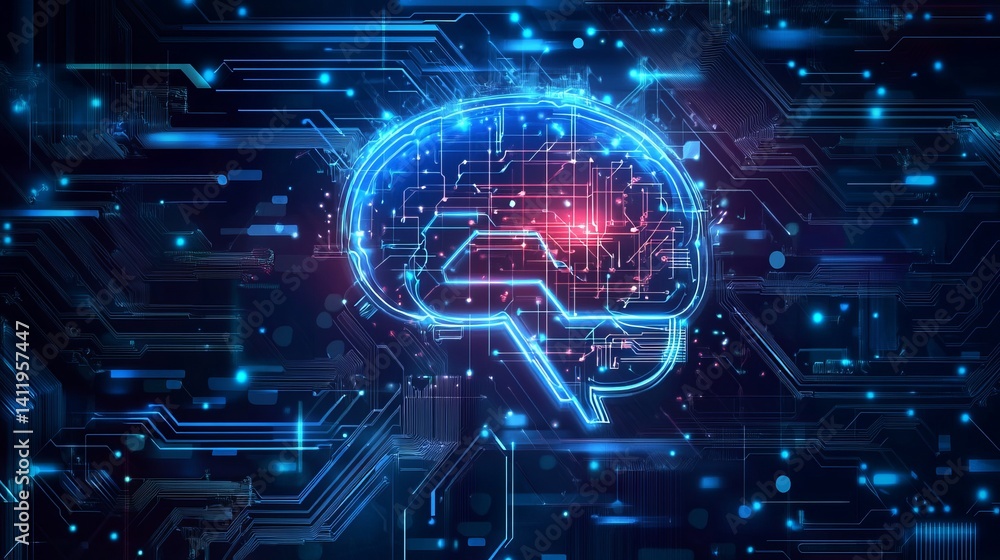 Poster abstract digital brain circuit technology background image data blue wire neon cyber lines future