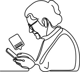 Elderly woman engaging with smartphone against a minimal background  