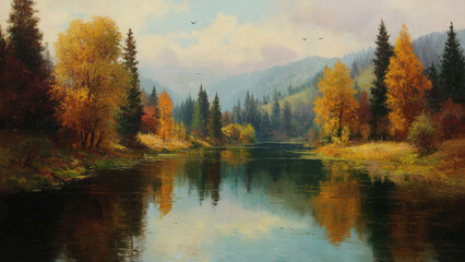 Fototapeta premium autumn landscape with lake and trees