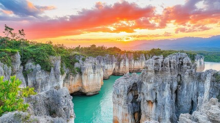 Stunning sunset over a dramatic coastal landscape.