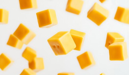 cheese cubes floating in the air, isolated on a white background