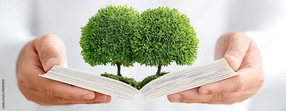 Poster hands holding open book with trees symbolizing nature and sustainability concepts in modern environm