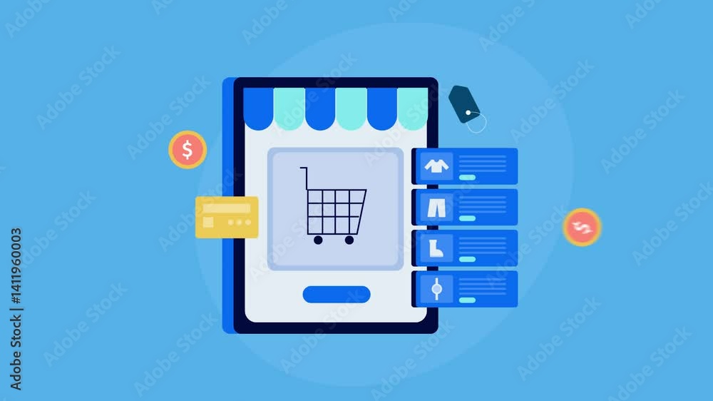Poster ecommerce cart on tablet screen, display online product for customer browsing, secure purchase using