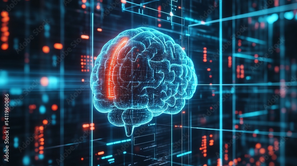 Poster abstract digital brain artificial intelligence network data technology 3d red blue cyber model futur