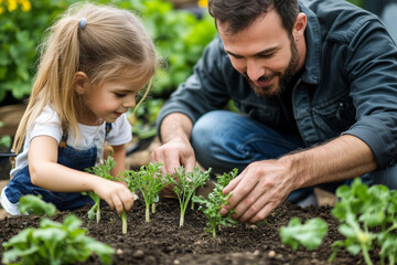Father And Daughter Planting Seedlings In Garden