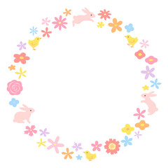 イースターのウサギとヒヨコと花の円形リングフレーム