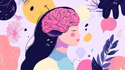 Abstract colorful illustration of a woman with brain exposed creative mind concept design art pink