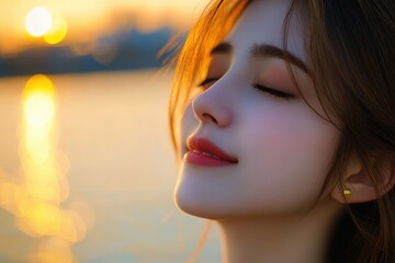 A serene young woman gazes upward at a golden sunset.