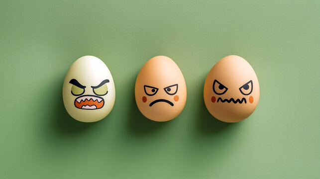 Three eggs with angry faces drawn on them, conveying a sense of irritation or frustration in an eye-catching, minimalist arrangement.