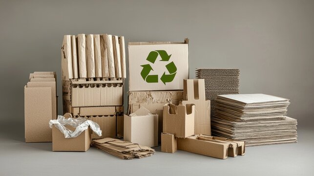 Recycled cardboard boxes and packaging, recycling symbol, grey background, environmental concept