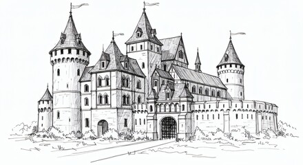 Castle sketch isolated on white background