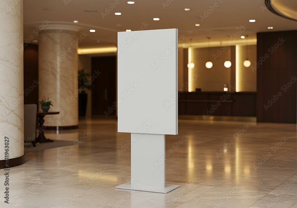 Poster elegant lobby featuring a blank display stand for customizable messaging or advertisement