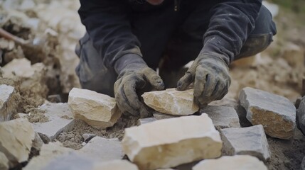 A mason laying stones for a foundation at a building site. Featuring craftsmanship and focus