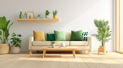 A stylish living room featuring a beige sofa with colorful cushions, a wooden coffee table, and several indoor plants, creating a serene and inviting atmosphere, eco-friendly consumer behavior.