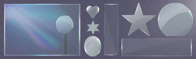 Transparent glass shapes set with glossy reflection, abstract geometric elements for modern design, UI, and decoration.	