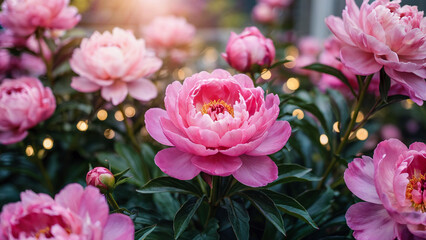 Obraz premium Pink Peonies with Bokeh Lights