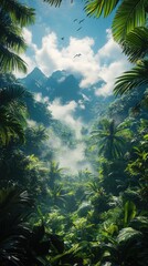 Lush green tropical landscape with birds and distant mountains in sight