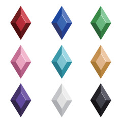 縦長のダイヤ型にカットされたカラフルな宝石のアイコンセット 背景が透過されたベクターイラスト Icon set of colorful gemstones cut in vertical diamond shape