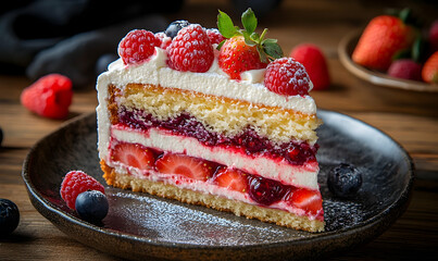 Delicious layered cake with raspberries and strawberries