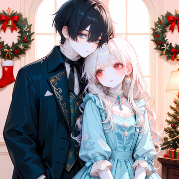 可愛いカップルとクリスマスの飾り。アルビノの少女と碧眼の青年のクリスマス。日本の漫画風のAIイラスト