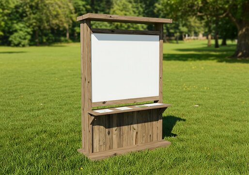Informational wooden outdoor kiosk on the lush green grass field