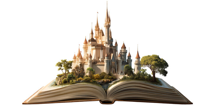 abstract glorious magical castle and kingdom popping out of the open book; fantasy element isolated over transparent (white) background; front view