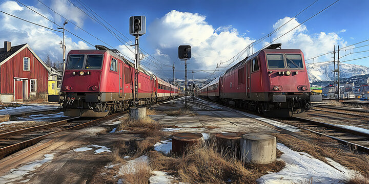 Two red trains face each other on parallel tracks at a station with snowy mountains and a bright sky.