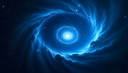 A mesmerizing blue spiral nebula, illuminated by starlight, floating in the vast cosmic expanse.
